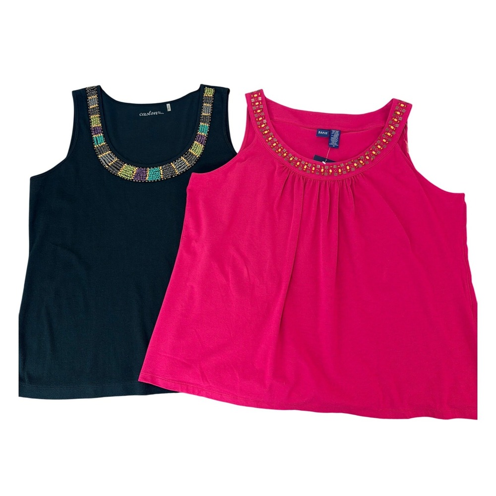 Lot of 2 Pink & Black Beaded Tank Tops 3X Stretchy Summer Boho Resort Casual Y2K